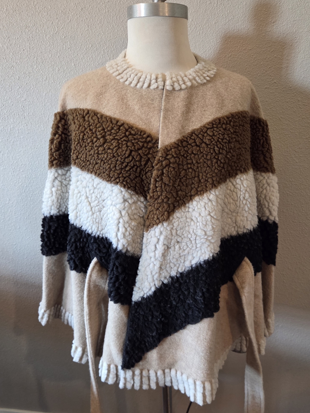 a.n.a Chevron Sherpa Poncho in Beige, Brown, White, and Black